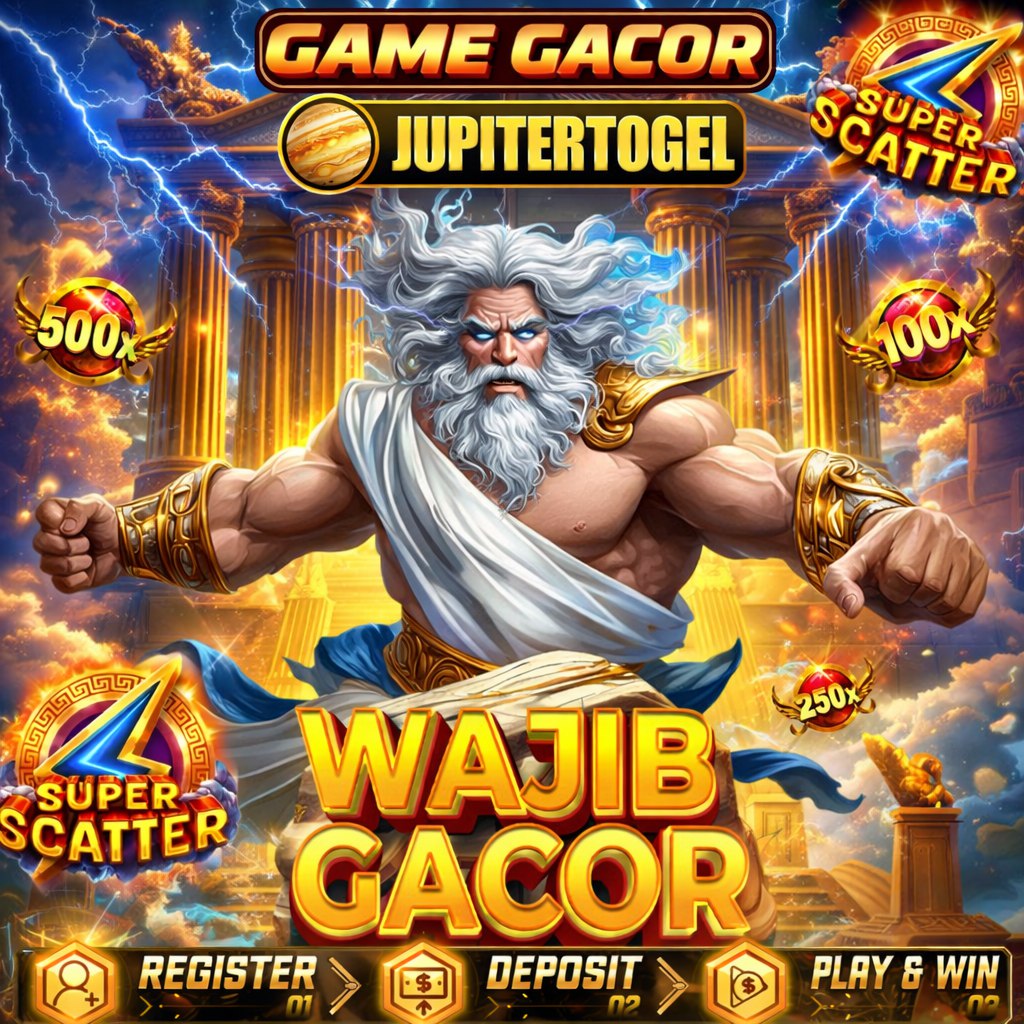 Karakter dewa petir dan simbol super scatter pada poster JUPITERTOGEL