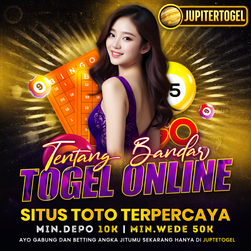 Poster JUPITERTOGEL bertema togel dengan kartu angka dan bola bernomor